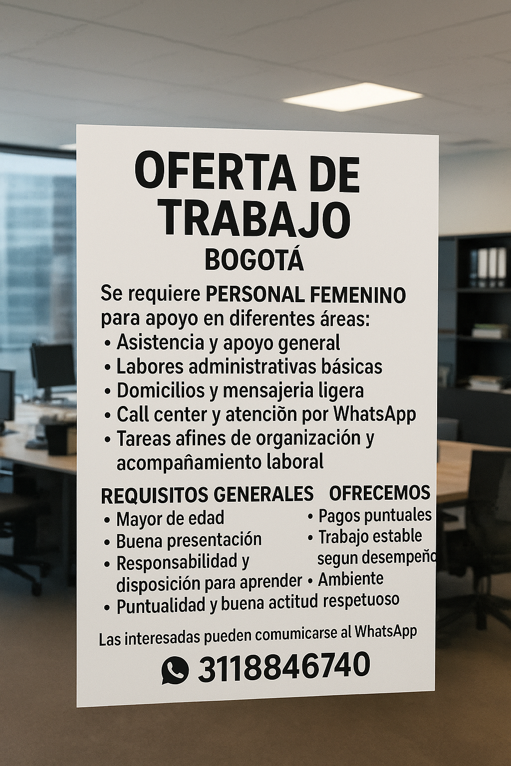 Oferta de Trabajo – Bogotá  Se requiere personal f